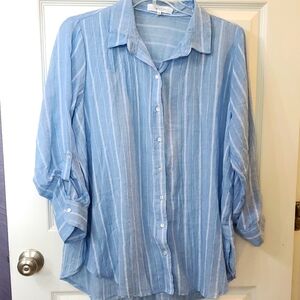 Eden & Olivia Blue Striped Women's Plus Button Down Shirt 1X